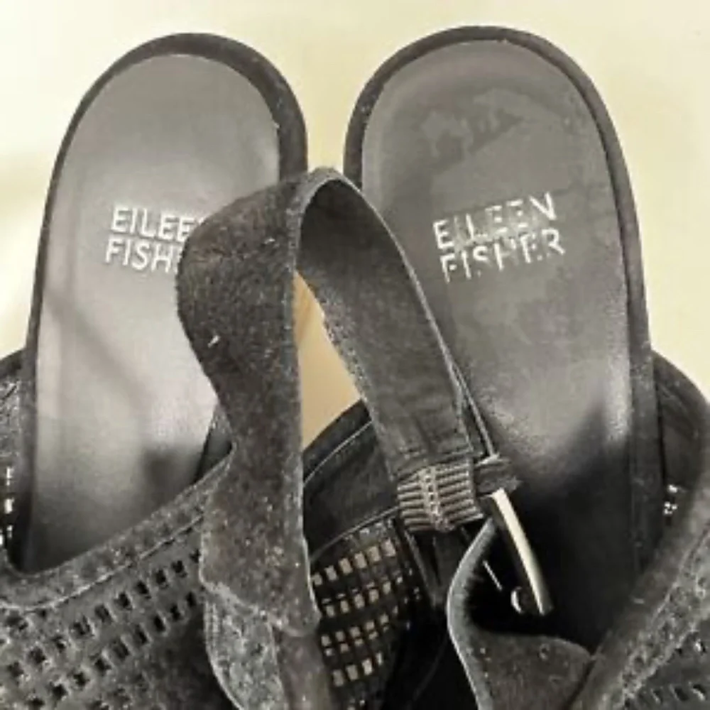 Eileen Fisher Winnie Black Leather Espadrille Wedge Sandal US 8
